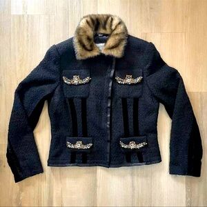 Pamela McCoy Collections Wool Blend Blazer Sweater Faux Fur Neck Size M Black